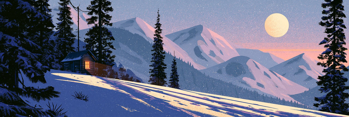 Snowy cabin with an orange window, dark evergreens, pink and blue mountains, and a pale full moon