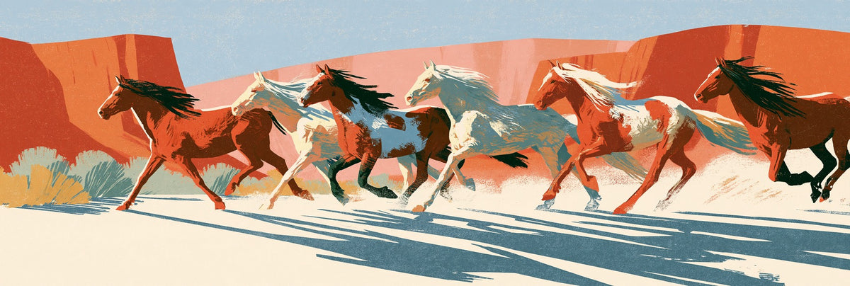 Six running horses beneath terracotta cliffs, with long blue shadows across pale cream desert ground