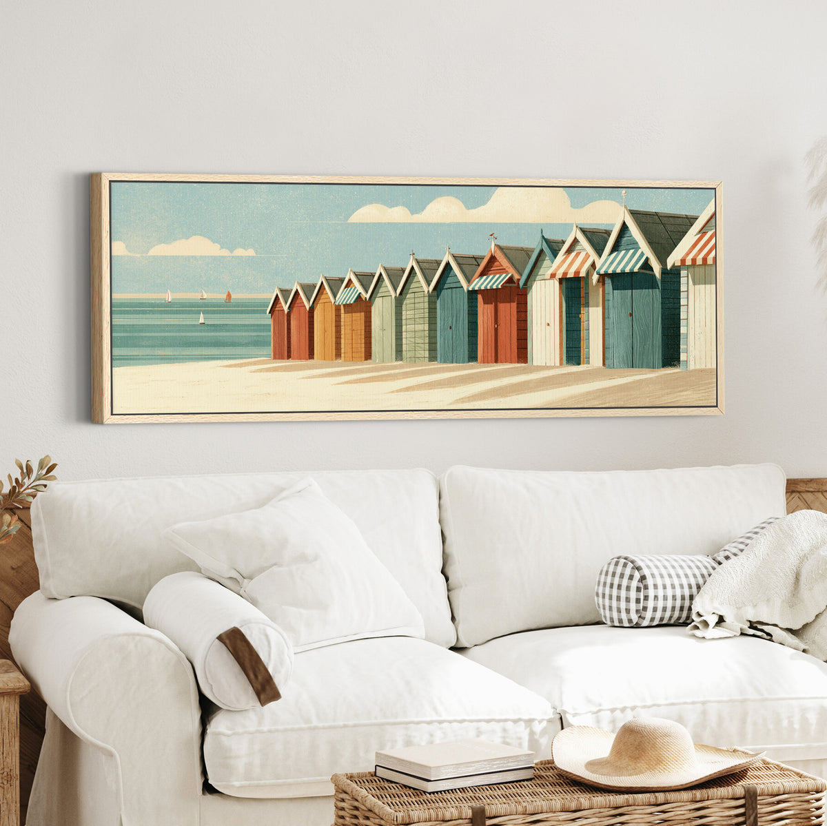 receding beach huts with striped canvas wall art in an oak finish floater frame in a styled room setting