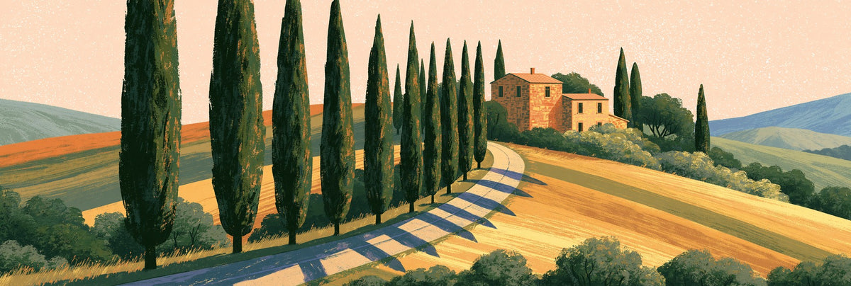 Winding road lined with tall dark green trees, golden fields, and a hillside house beneath a peach sky