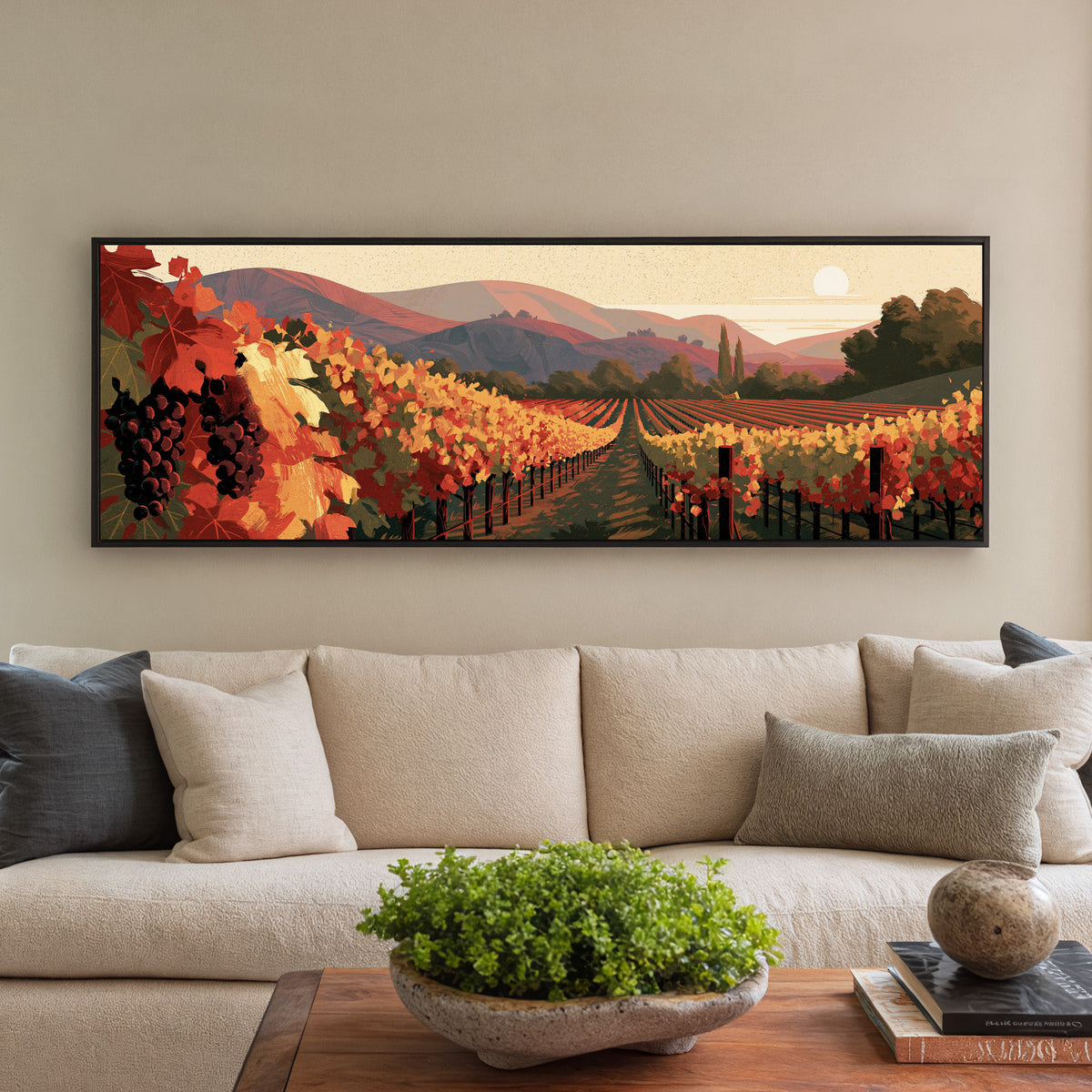 converging vineyard rows with red and yellow canvas wall art in a black floater frame in a styled room setting