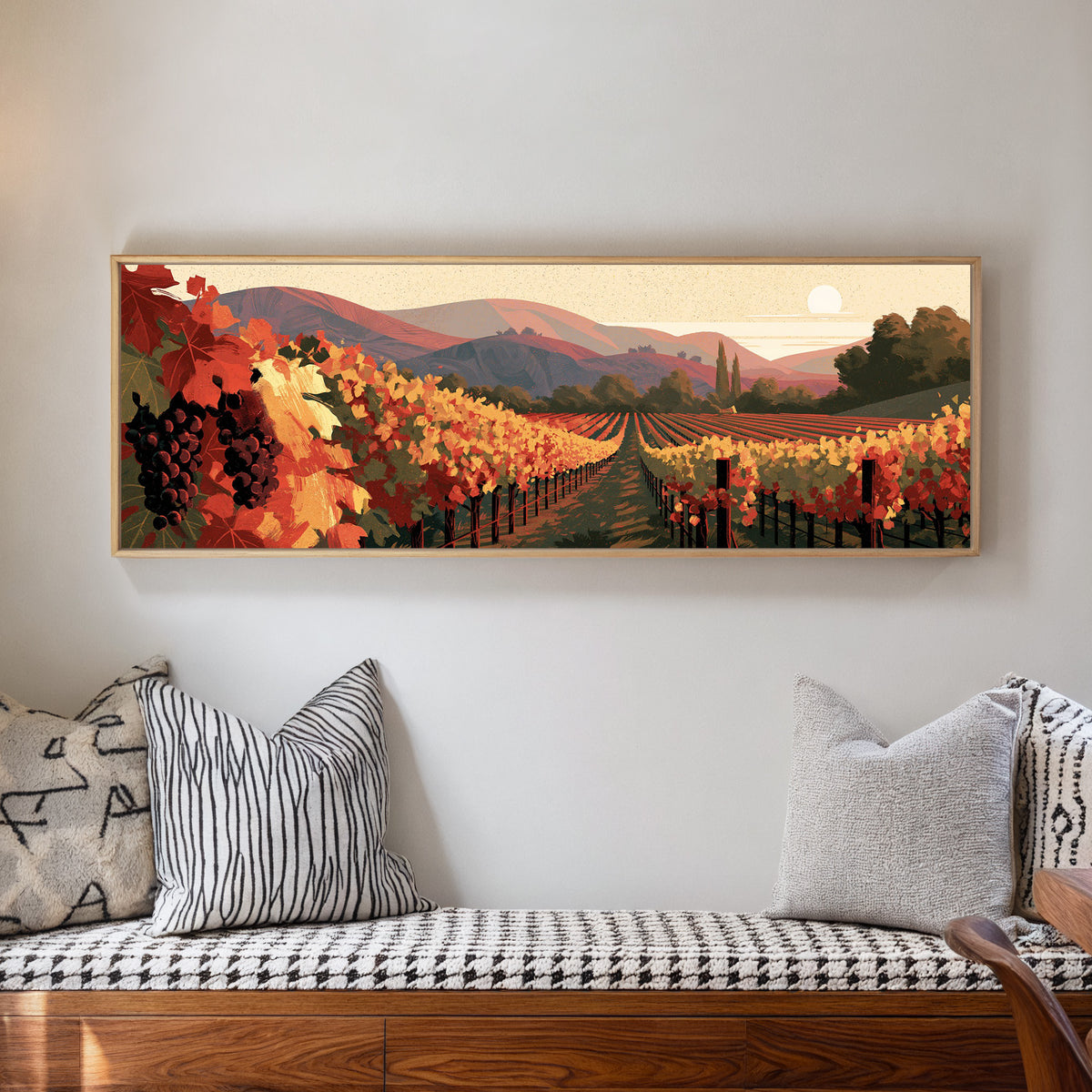 converging vineyard rows with red and yellow canvas wall art in a natural floater frame in a living room