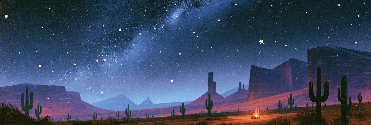 Starry blue desert sky above purple mesas, dark cactus silhouettes, and a small orange campfire
