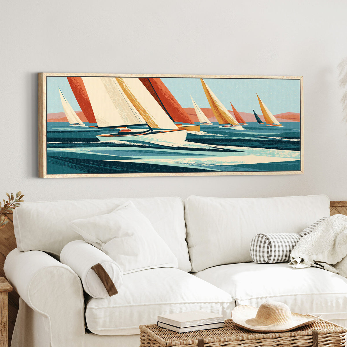 cream and terracotta sails racing canvas wall art in an oak finish floater frame in a styled room setting