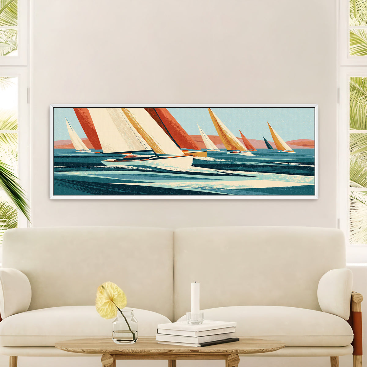 cream and terracotta sails racing canvas wall art in a white floater frame in a styled room setting