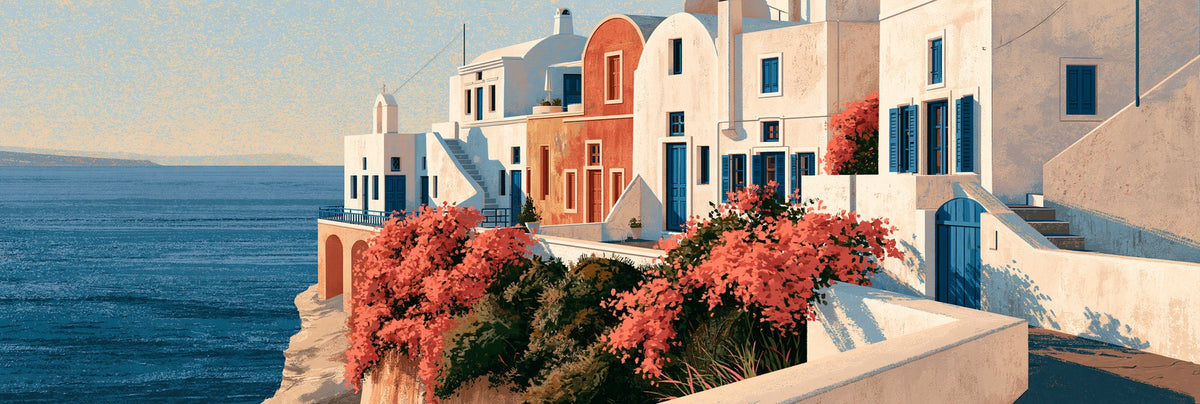 Terrace In Bloom — White Coastal Village Canvas Wall Art