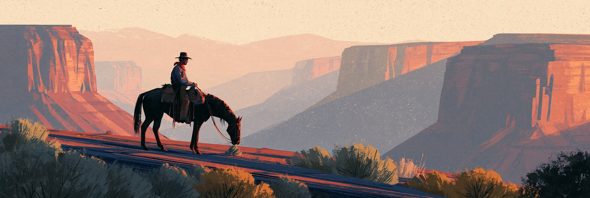 Lone cowboy on a dark horse above terracotta canyon cliffs, with blue-gray shadows and a cream sky