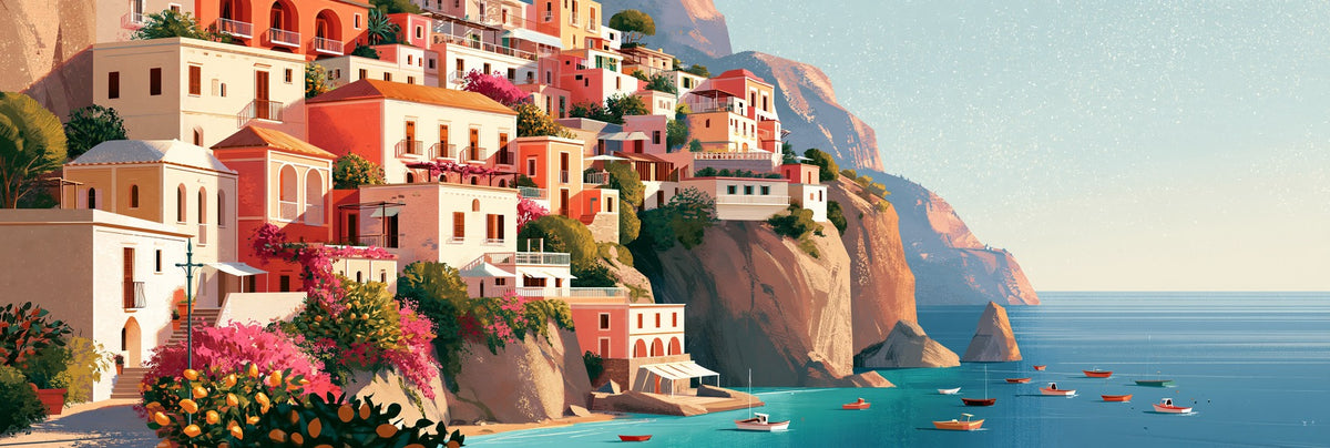 Amalfi Coast houses stacked on cliffs above turquoise water, with pink flowers and small boats