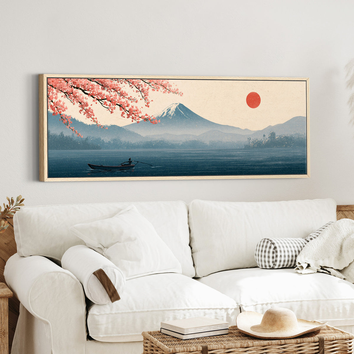 mount fuji above a blue lake with canvas wall art in an oak finish floater frame in a styled room setting