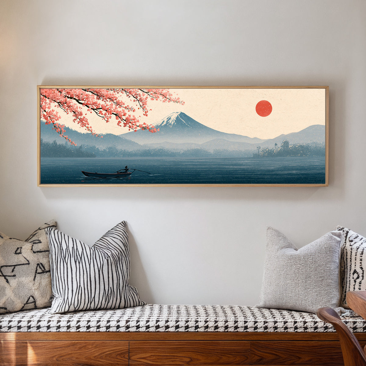 mount fuji above a blue lake with coral cherry canvas wall art in a natural floater frame in a living room