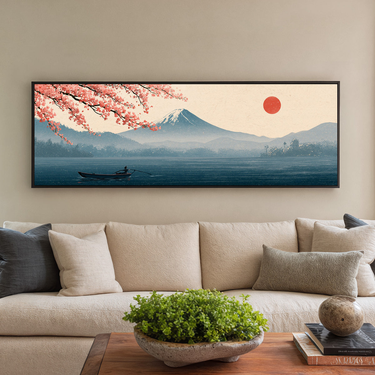 mount fuji above a blue lake with canvas wall art in a black floater frame in a styled room setting