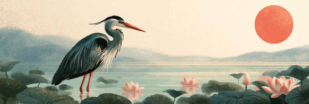 Coral Sun — Heron and Lotus Canvas Wall Art