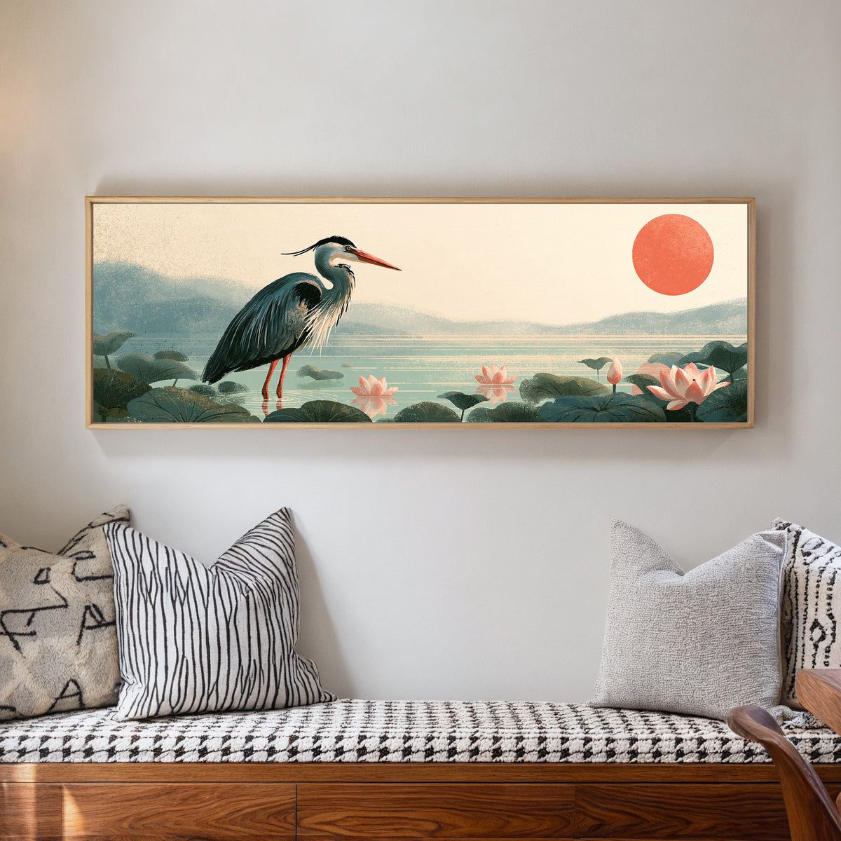 blue gray heron among pink lotus flowers canvas wall art in a natural floater frame in a living room