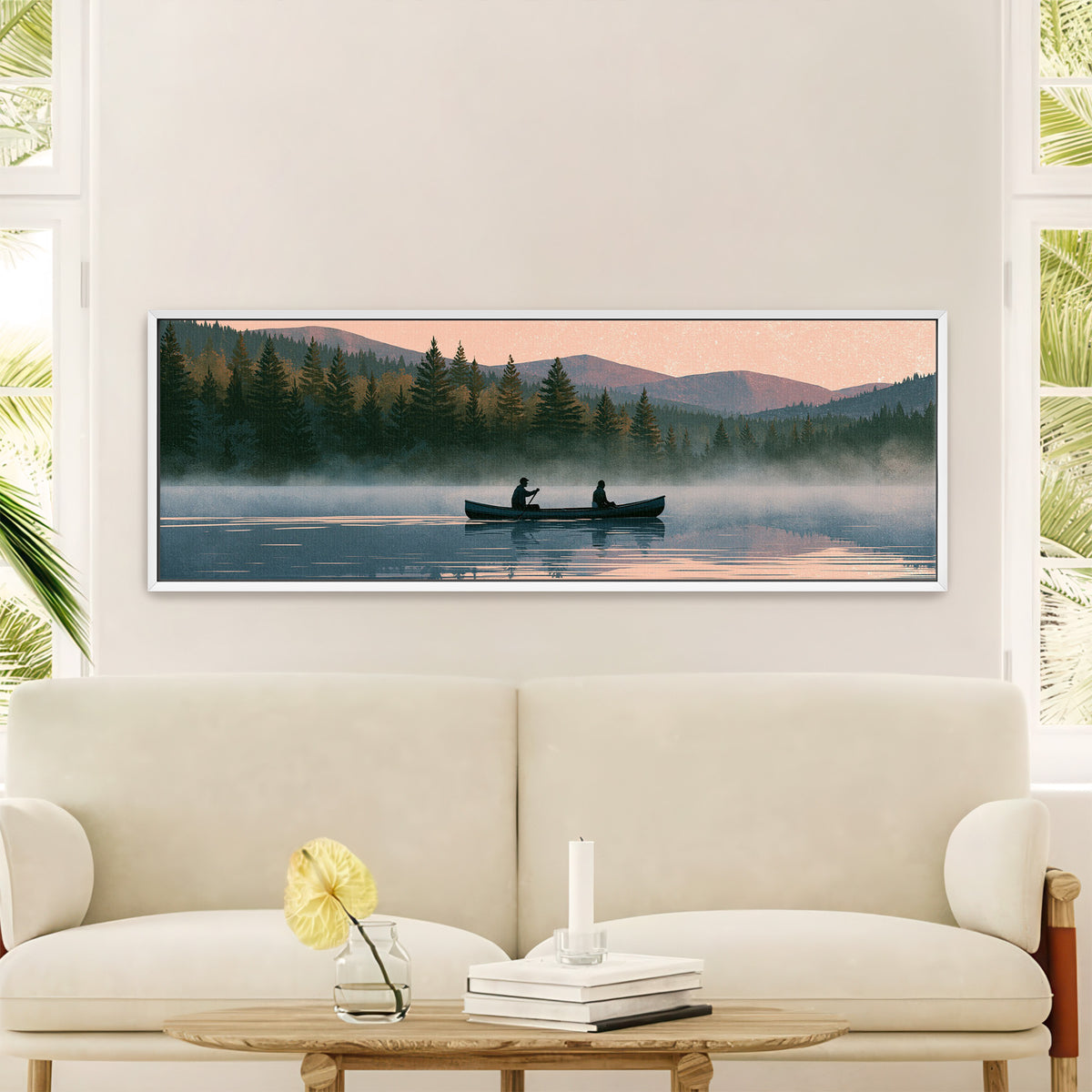 two canoeists on a misty forest canvas wall art in a white floater frame in a styled room setting