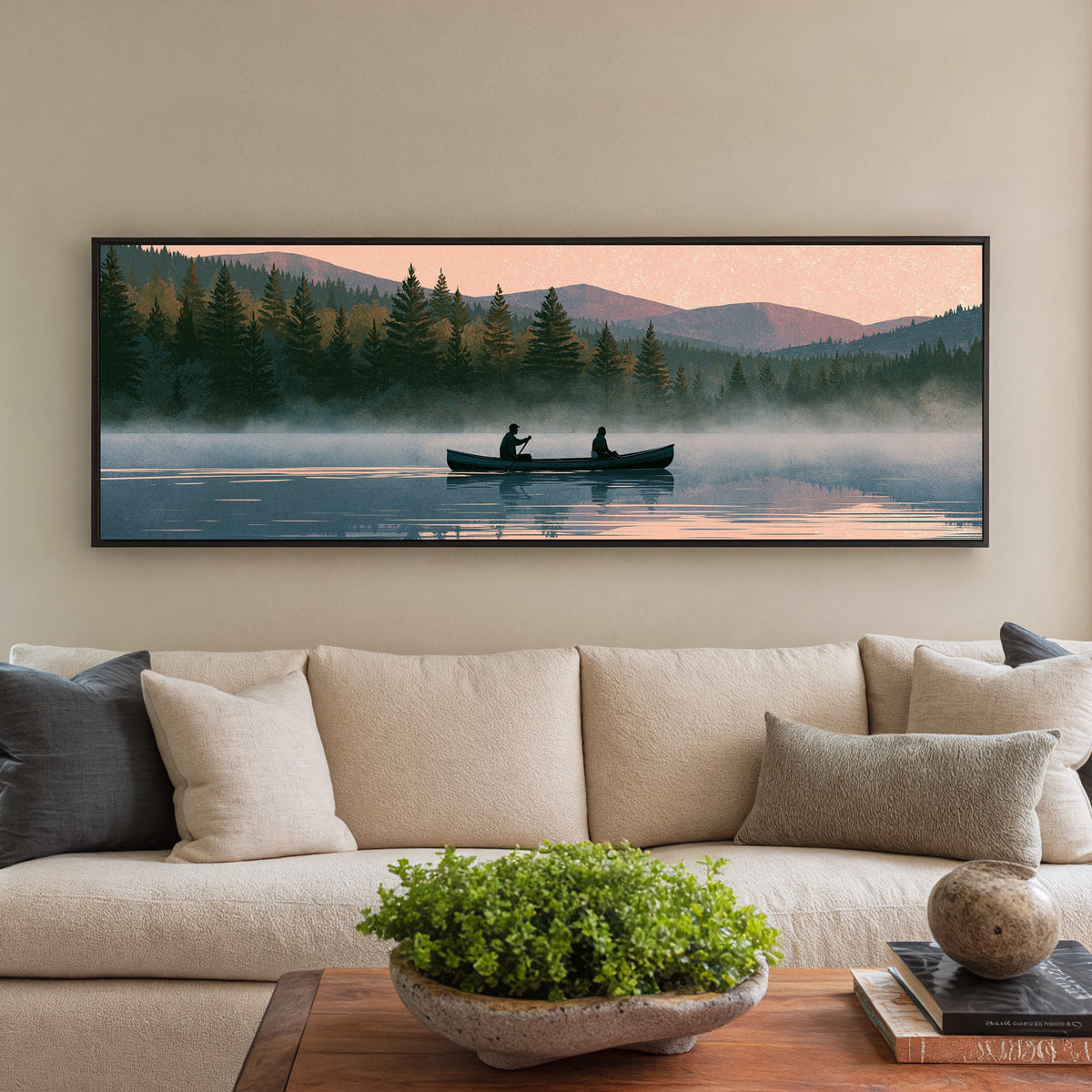 two canoeists on a misty forest canvas wall art in a black floater frame in a styled room setting