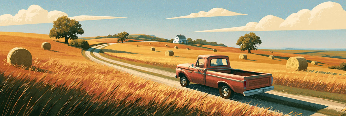 The Long Way — Red Pickup Truck Landscape Canvas Wall Art