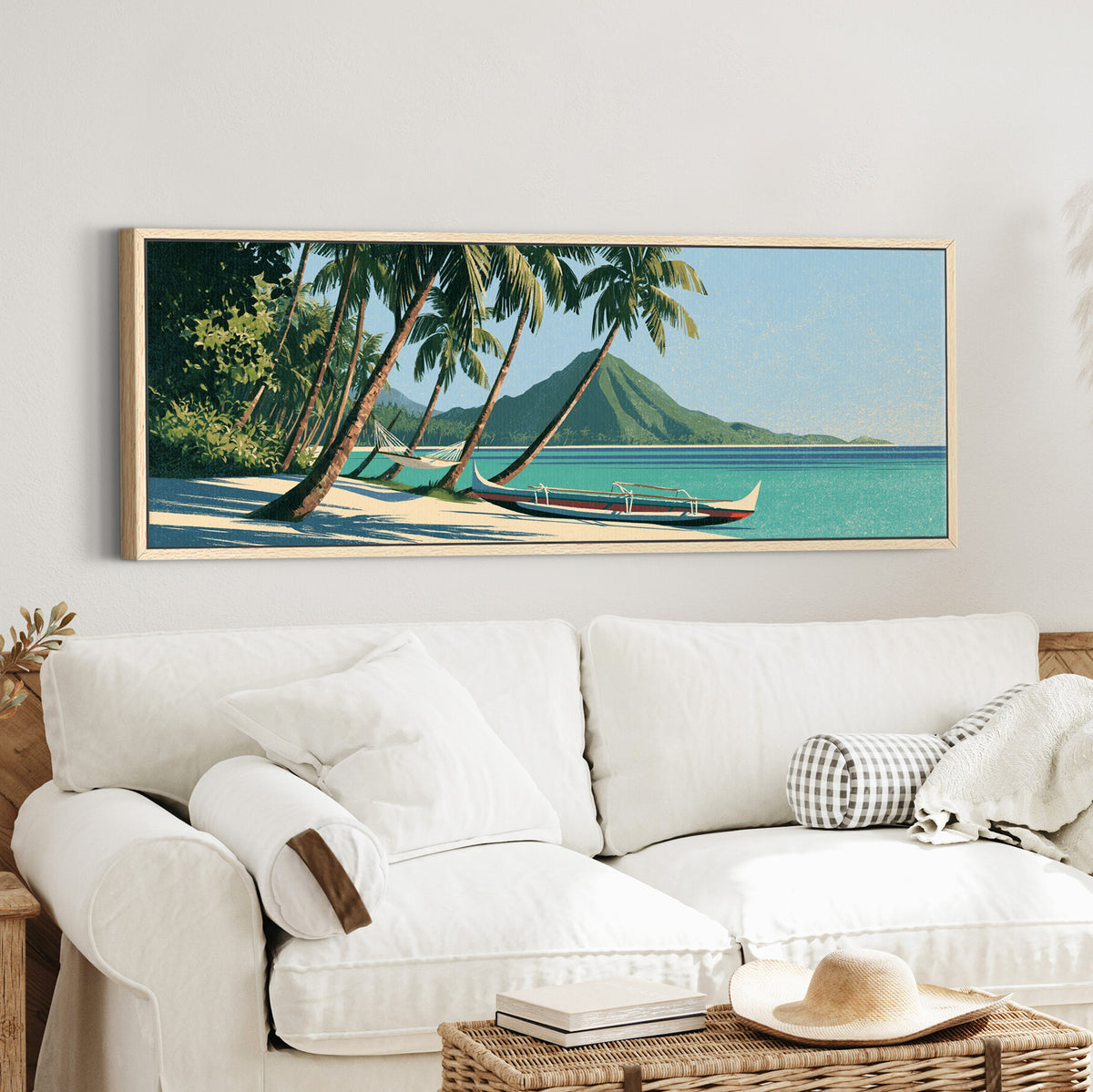 palm shaded beach with a hammock canvas wall art in an oak finish floater frame in a styled room setting