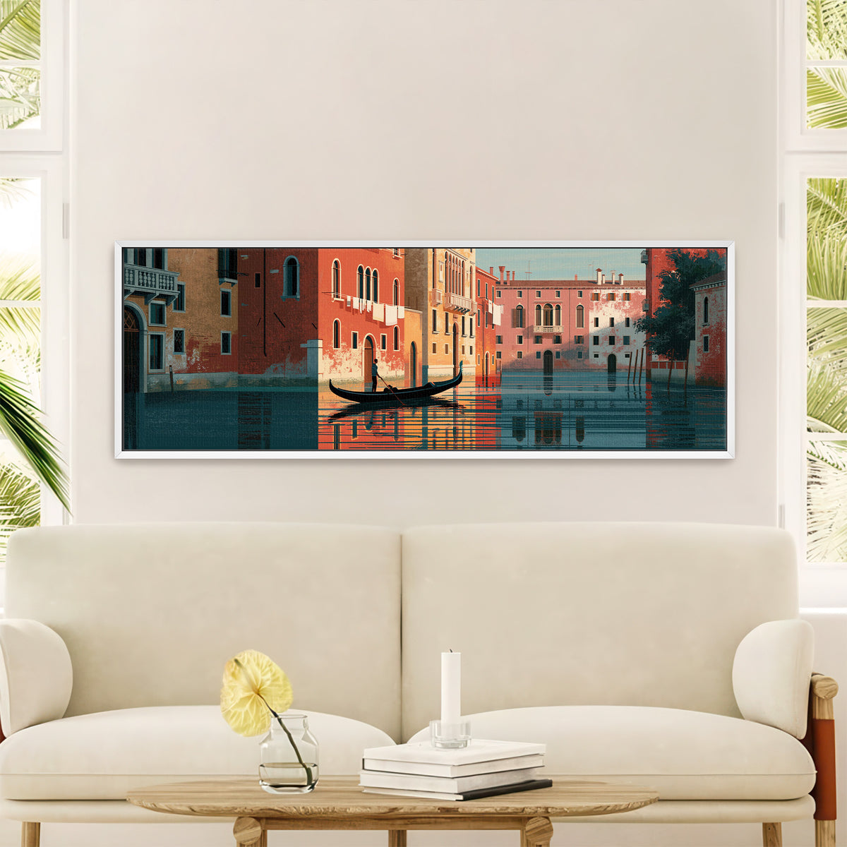 venetian gondola beneath coral facades and canvas wall art in a white floater frame in a styled room setting