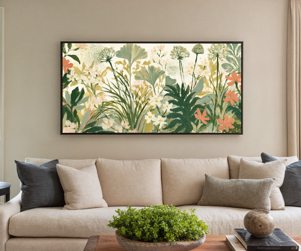 cream ground foliage with sage fans, white canvas wall art in a black floater frame in a styled room setting