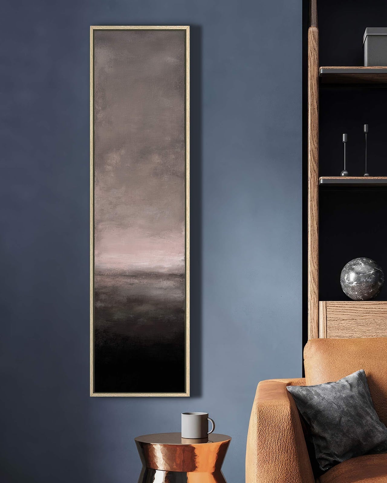 Vertical canvas wall art in interior setting.