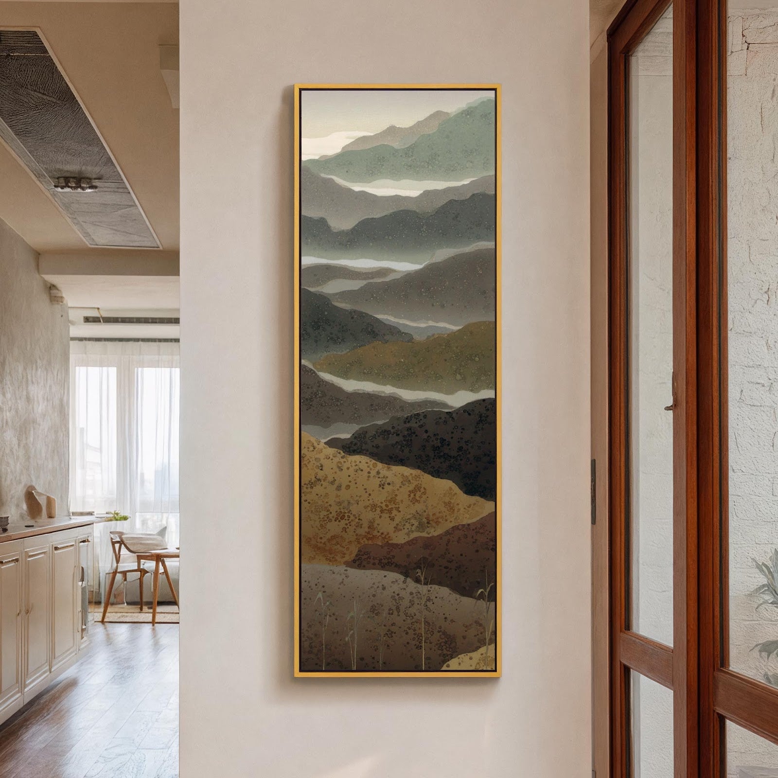 Vertical canvas wall art in interior setting.