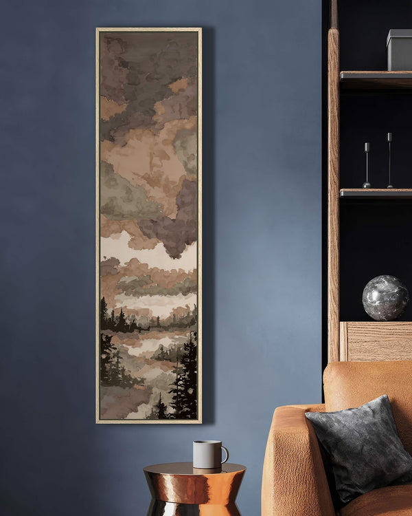 Vertical canvas wall art in interior setting.