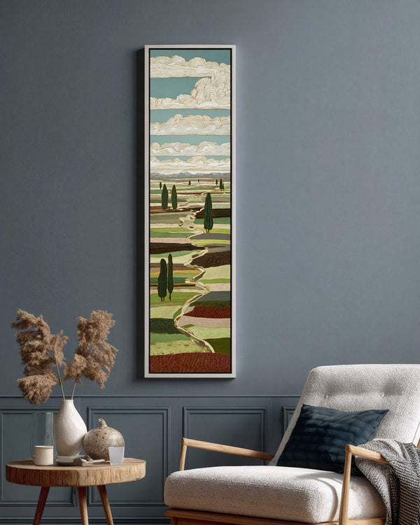 Vertical canvas wall art in interior setting.