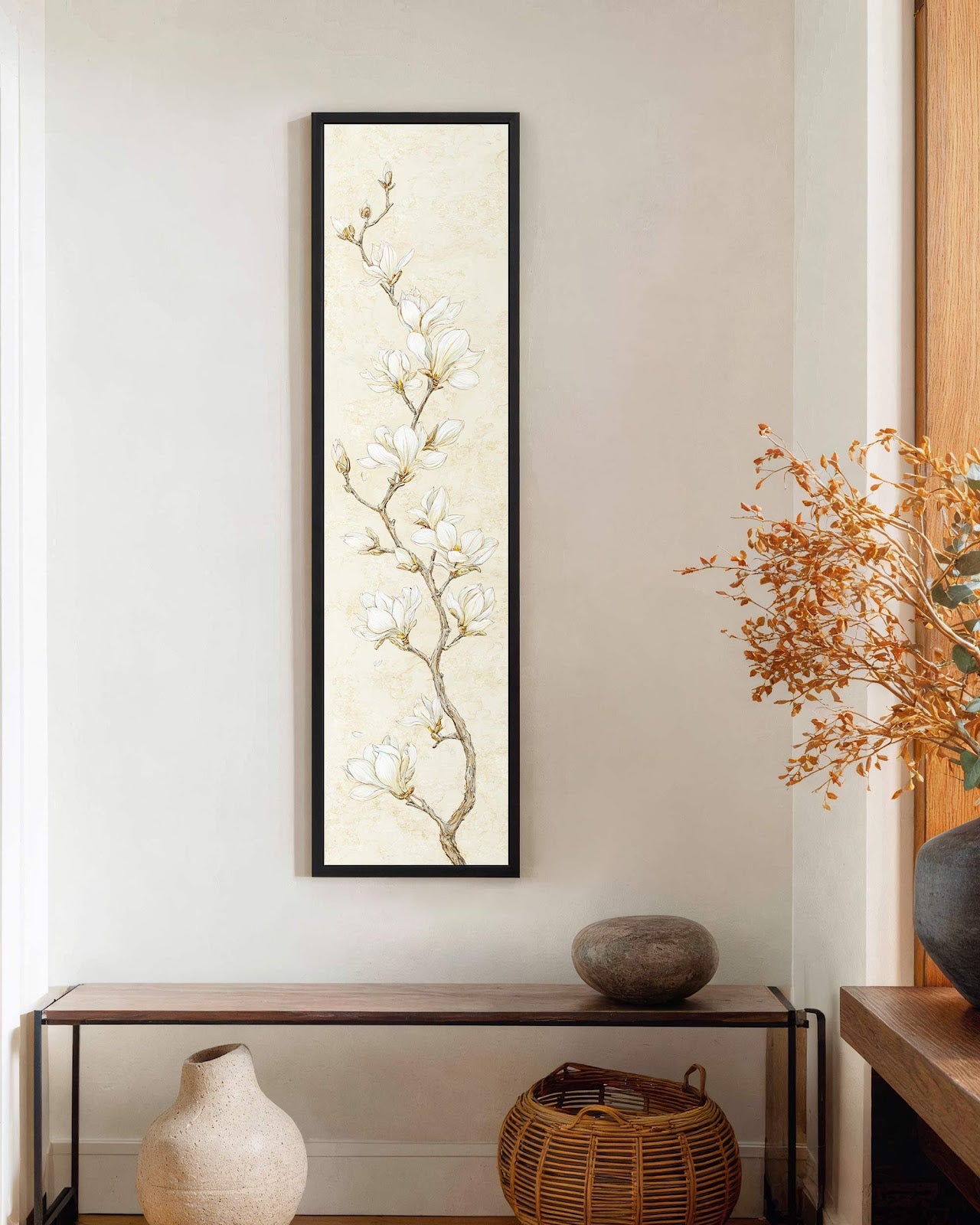 Vertical canvas wall art in interior setting.