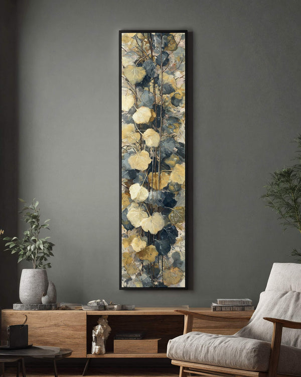 Vertical canvas wall art in interior setting.