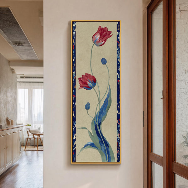 Vertical canvas wall art in interior setting.