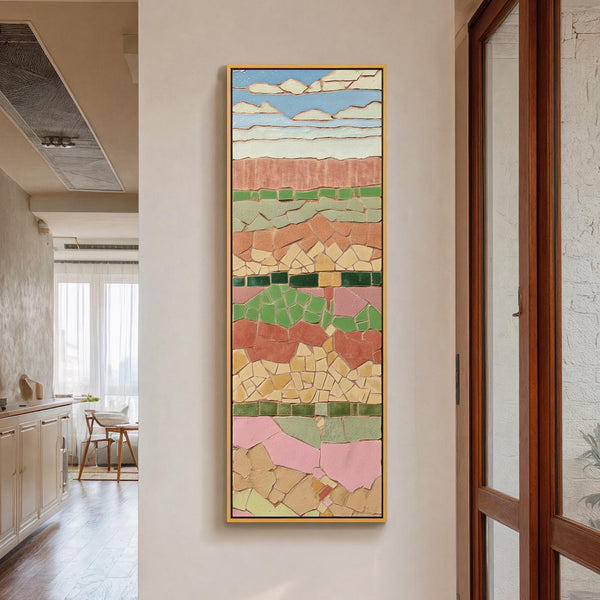 Vertical canvas wall art in interior setting.