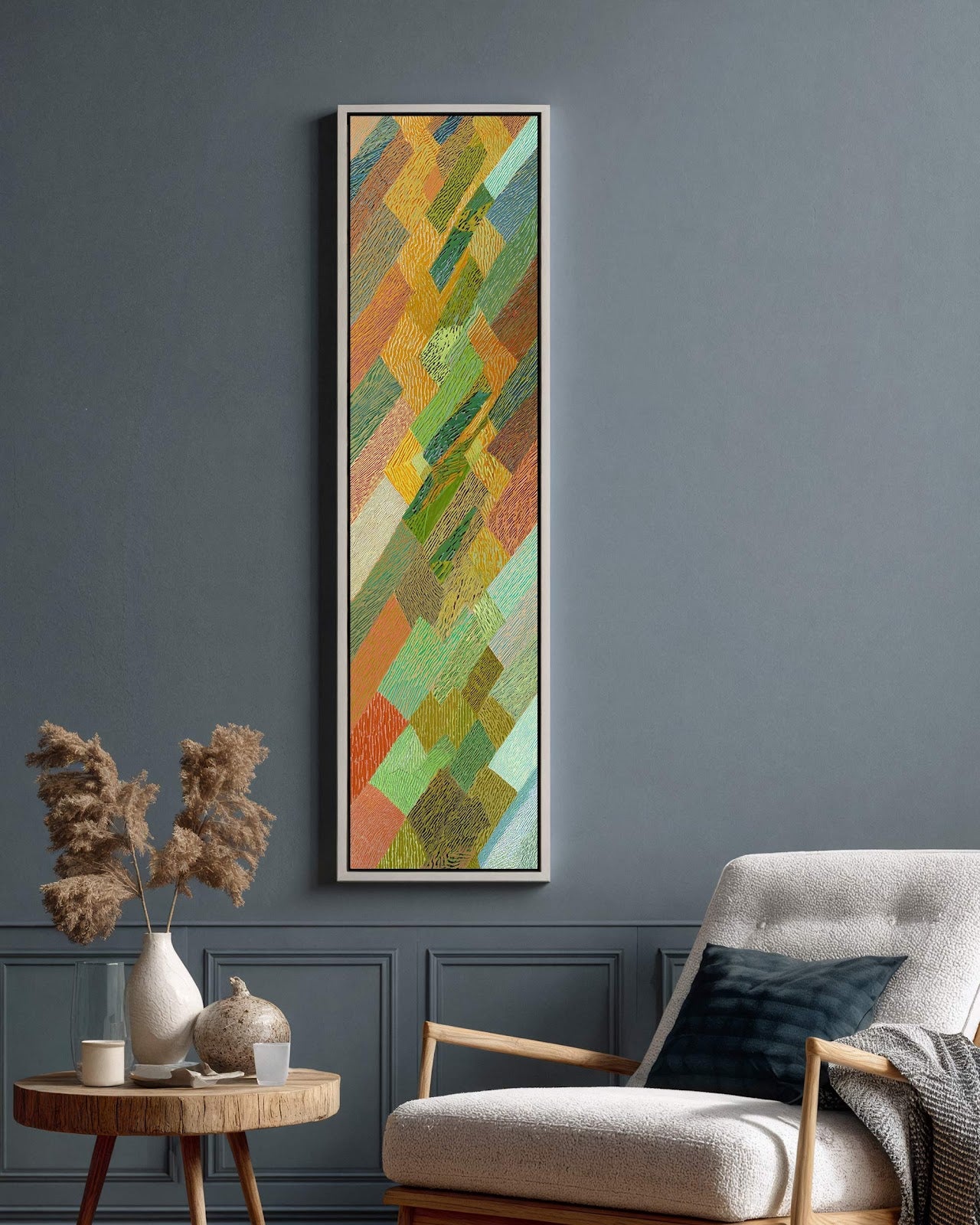 Vertical canvas wall art in interior setting.
