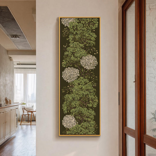Vertical canvas wall art in interior setting.