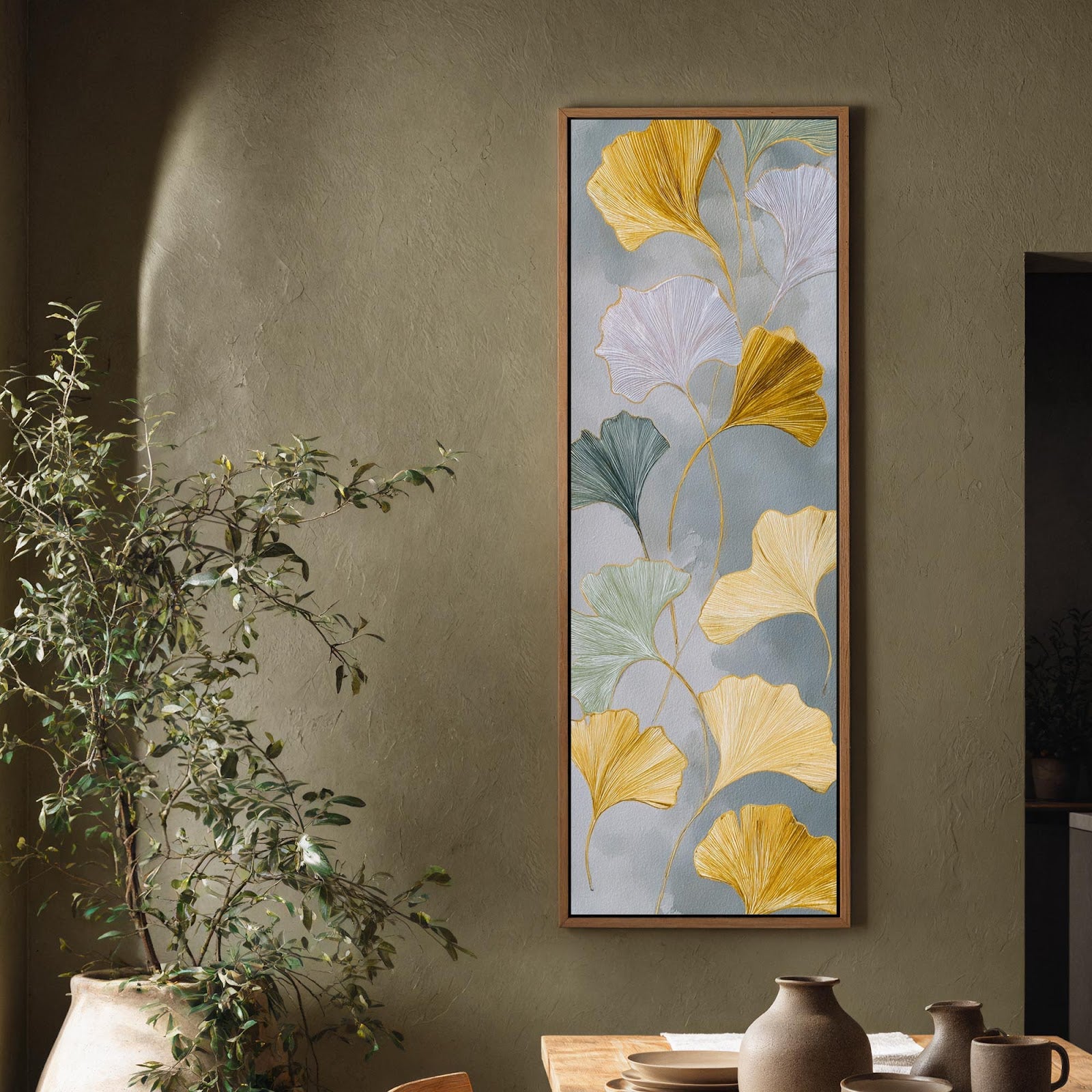 Vertical canvas wall art in interior setting.