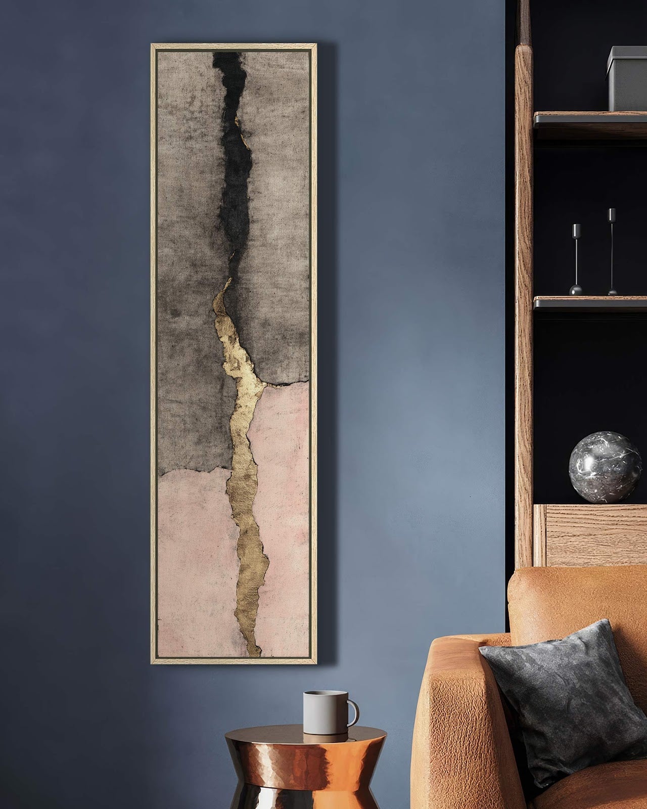 Vertical canvas wall art in interior setting.