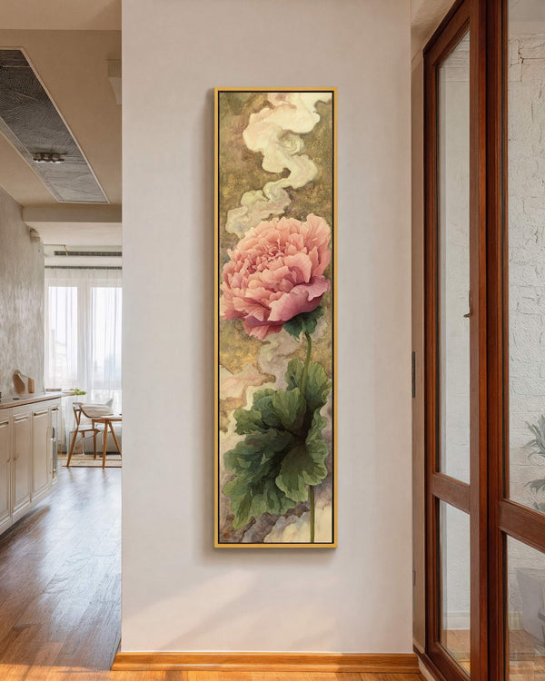 Vertical canvas wall art in interior setting.