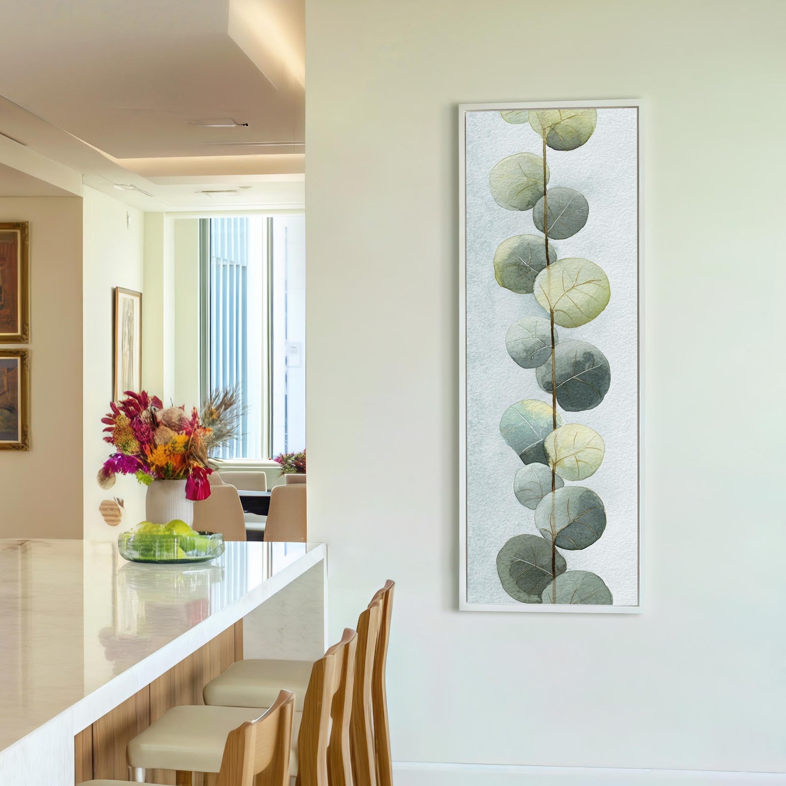 Vertical canvas wall art in interior setting.