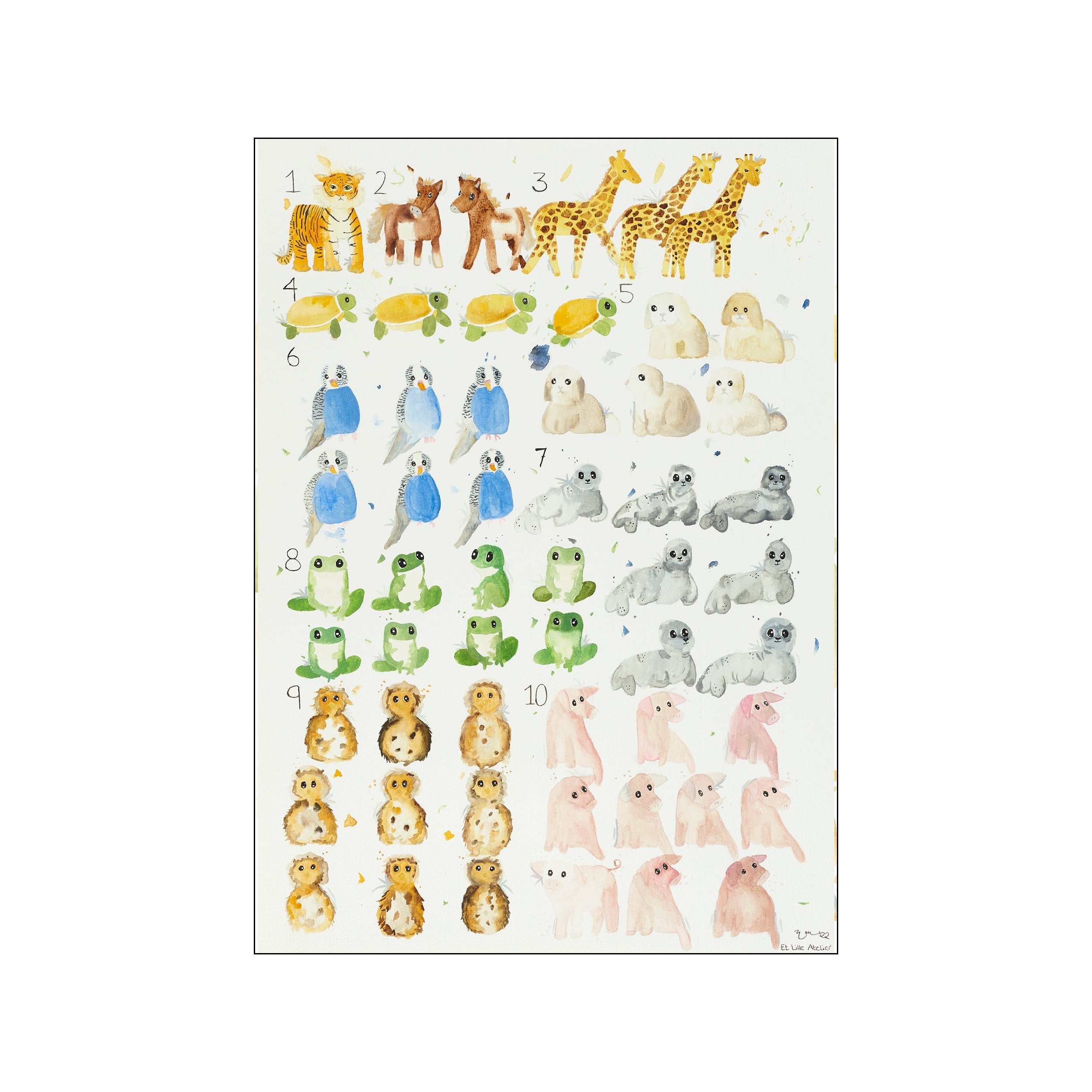 A watercolor illustration featuring numbered animals like tigers, horses, giraffes, turtles, budgies, seals, frogs, owls, and pigs, rendered in a soft and playful palette.