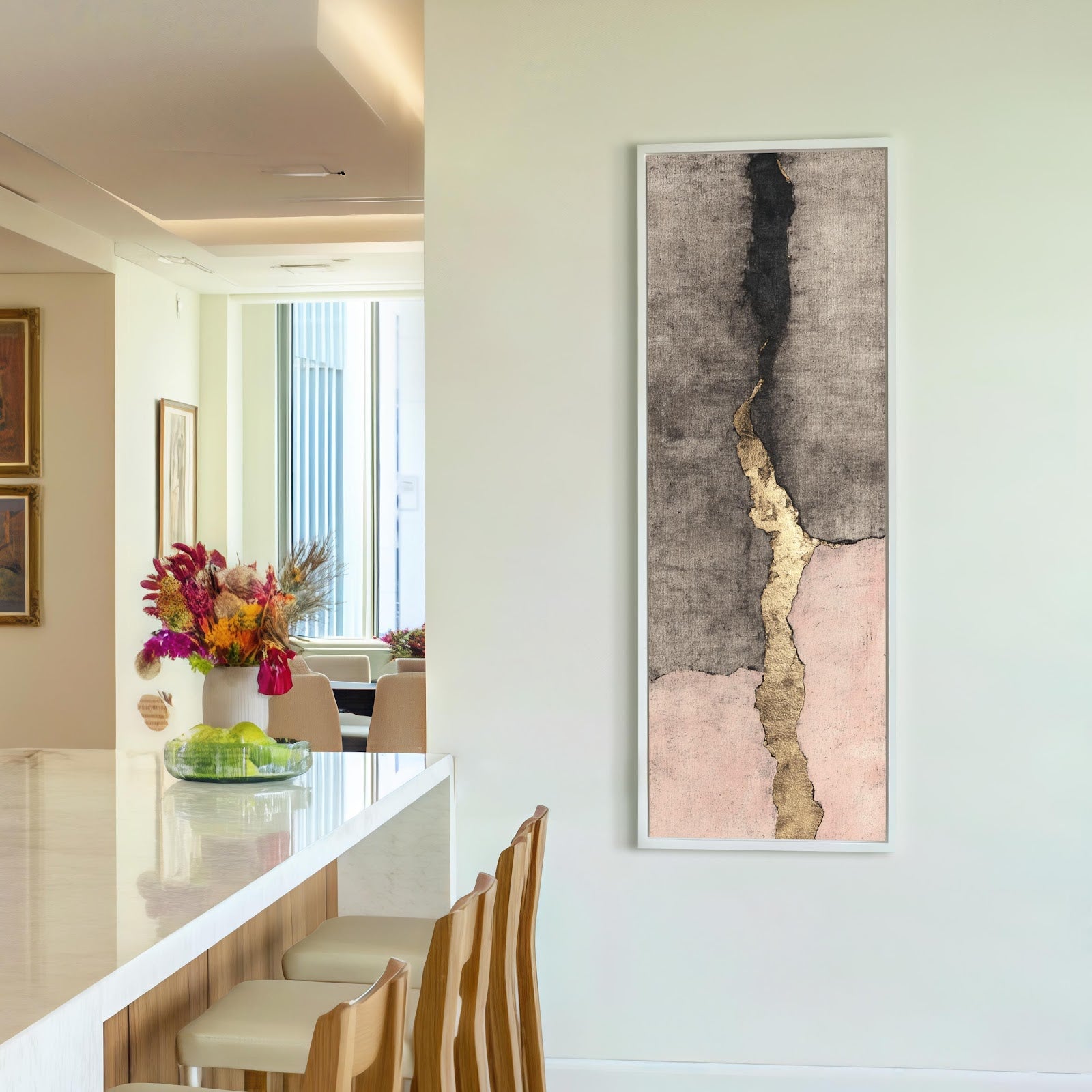 Vertical canvas wall art in interior setting.