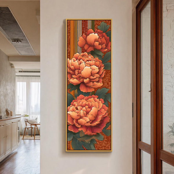 Vertical canvas wall art in interior setting.