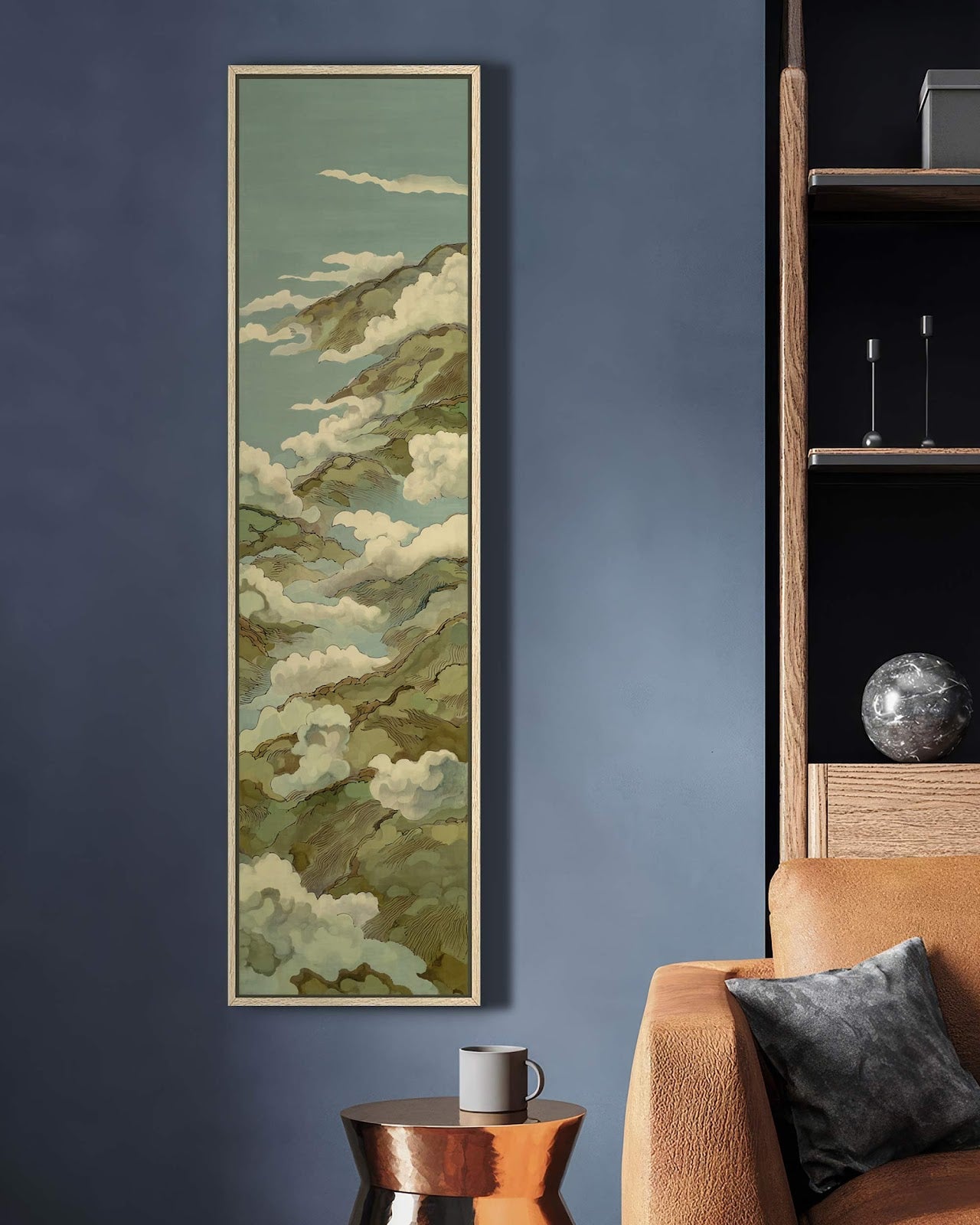 Vertical canvas wall art in interior setting.