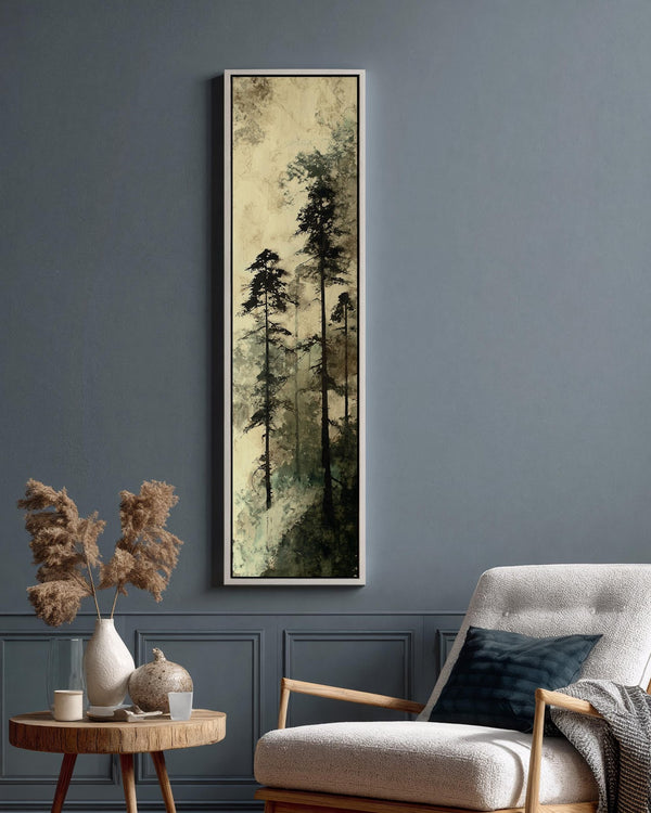 Vertical canvas wall art in interior setting.
