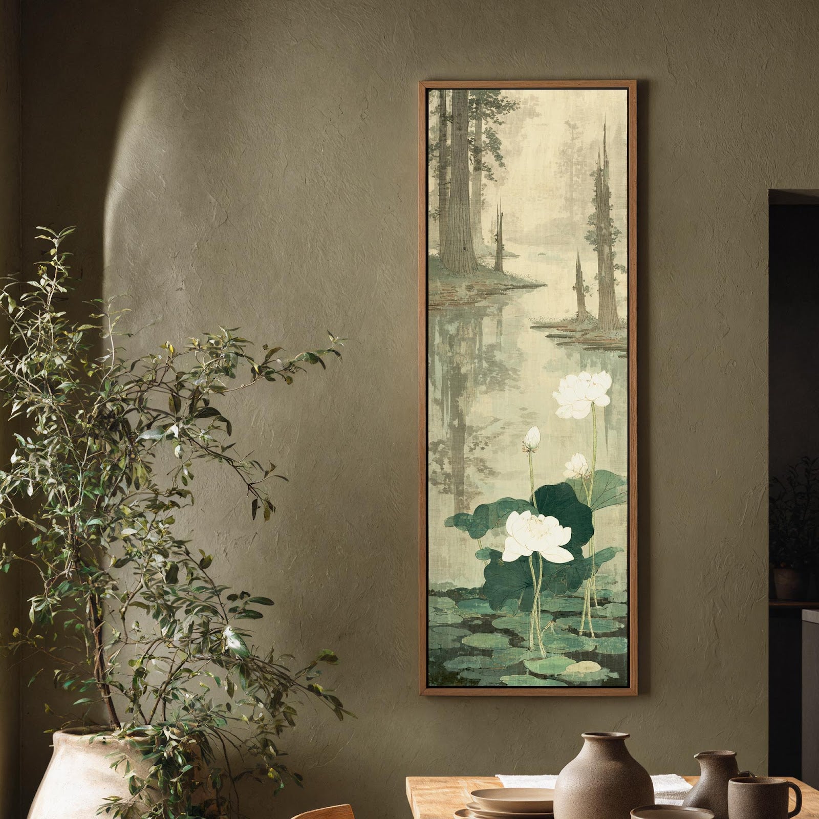 Vertical canvas wall art in interior setting.