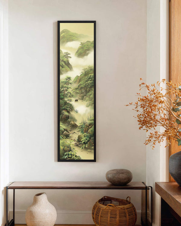 Vertical canvas wall art in interior setting.