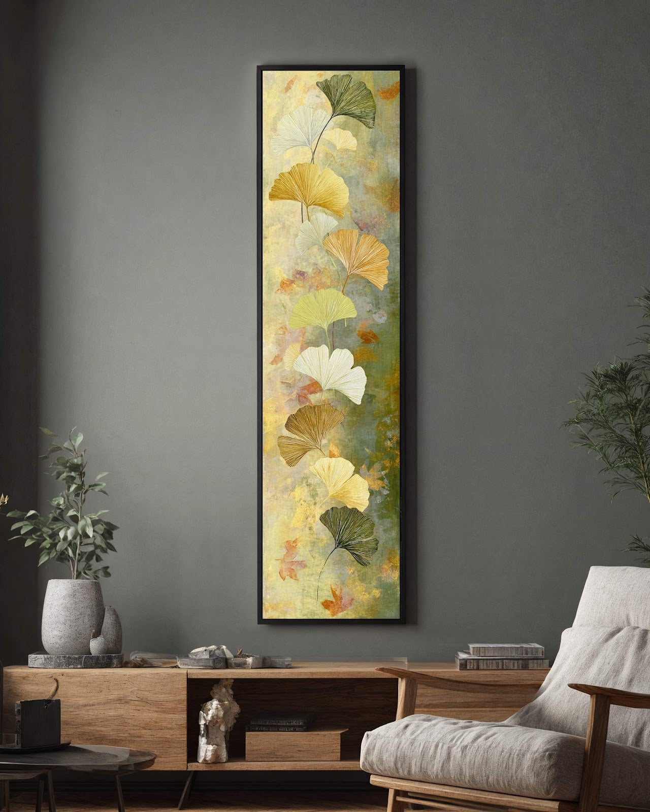 Vertical canvas wall art in interior setting.