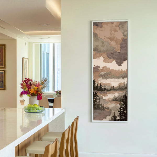 Vertical canvas wall art in interior setting.