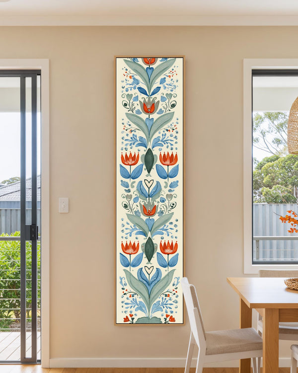 Vertical canvas wall art in interior setting.