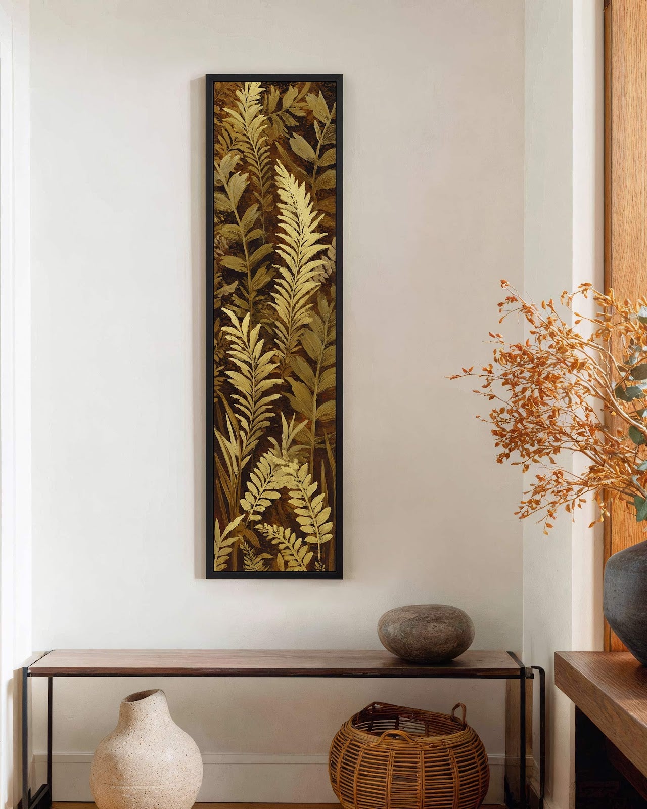 Vertical canvas wall art in interior setting.