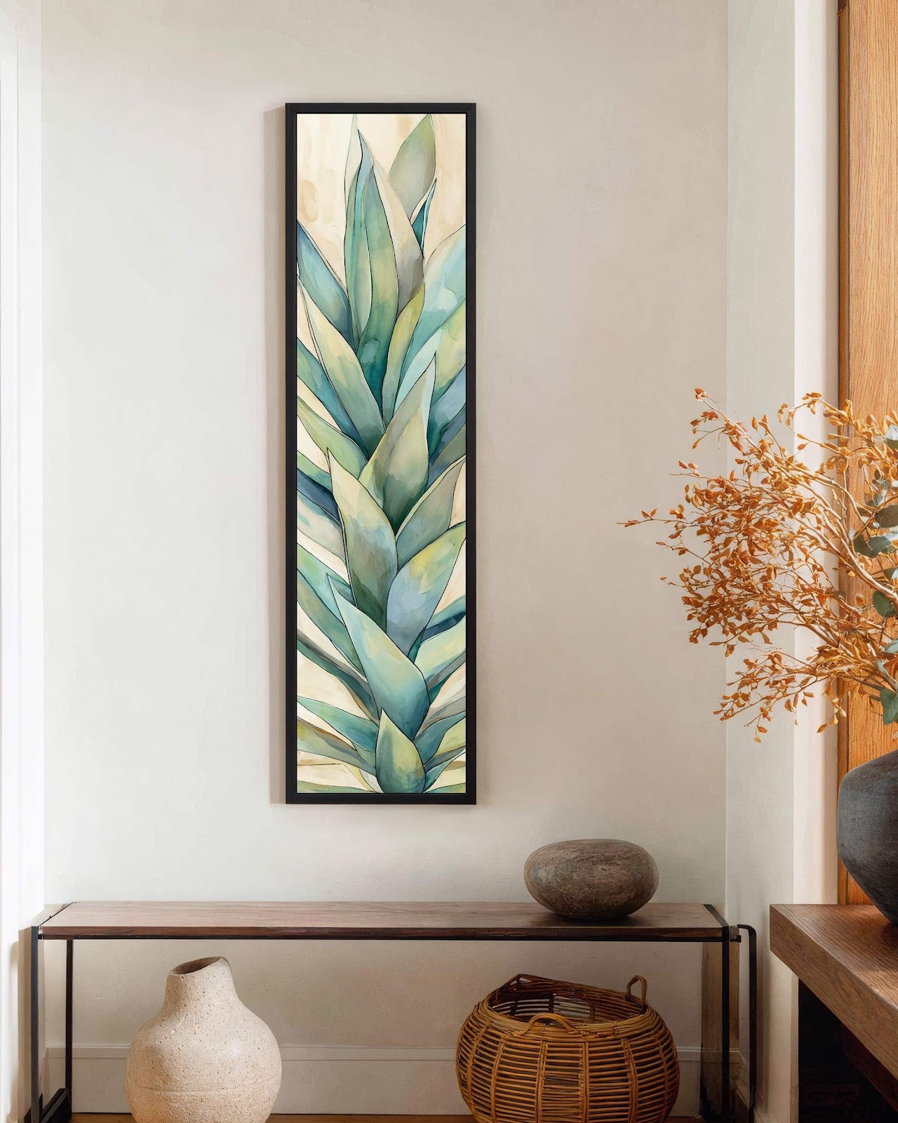 Vertical canvas wall art in interior setting.