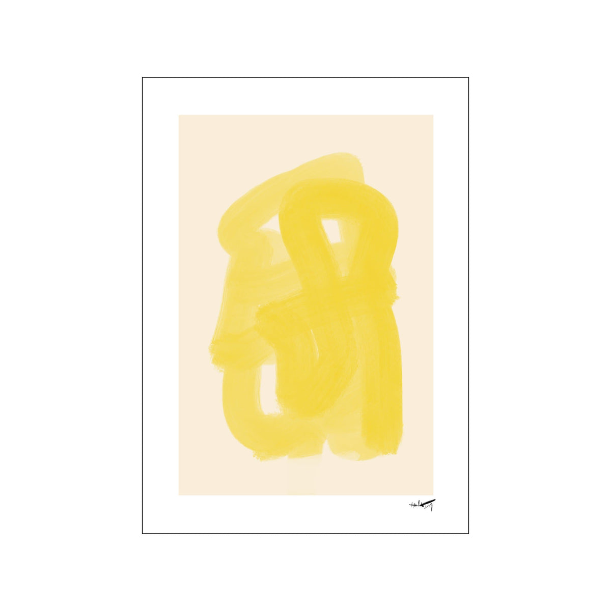 Abstract yellow brushstroke loops on a cream background with a small signature at lower right